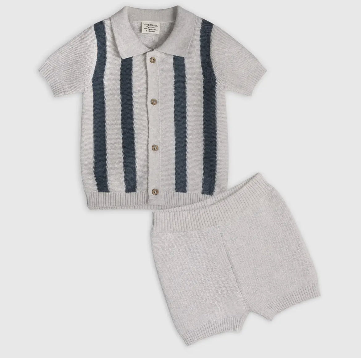 Tennis Collar Knit Stripe Short Set - Blue