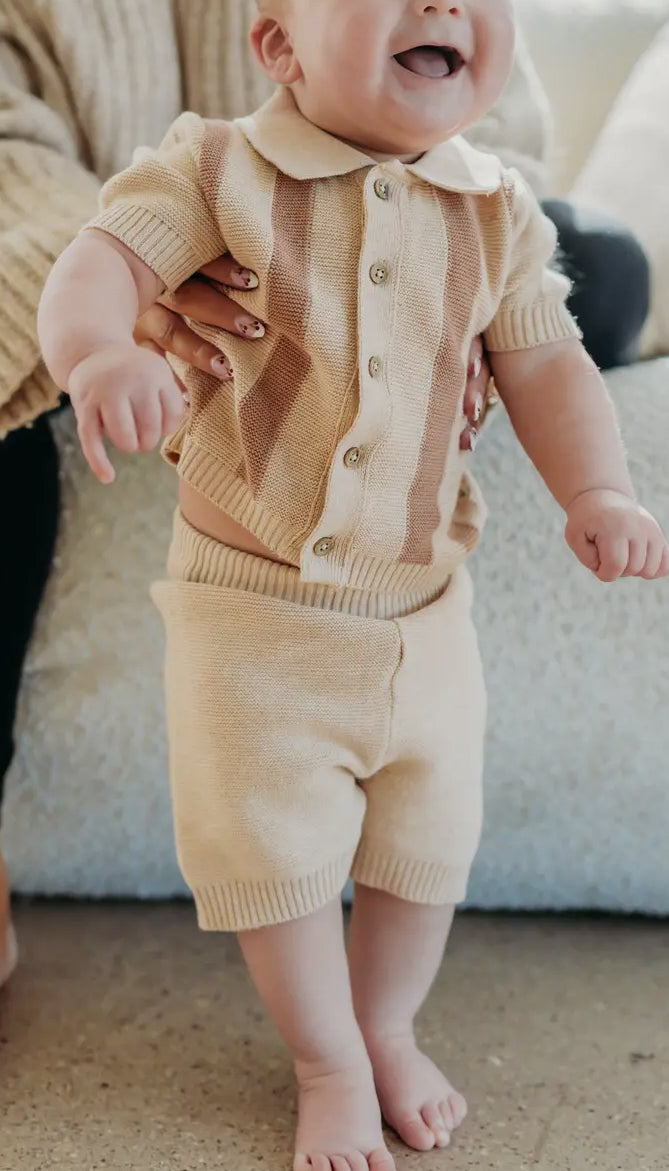 Tennis Collar Cream Stripe Knit Short set