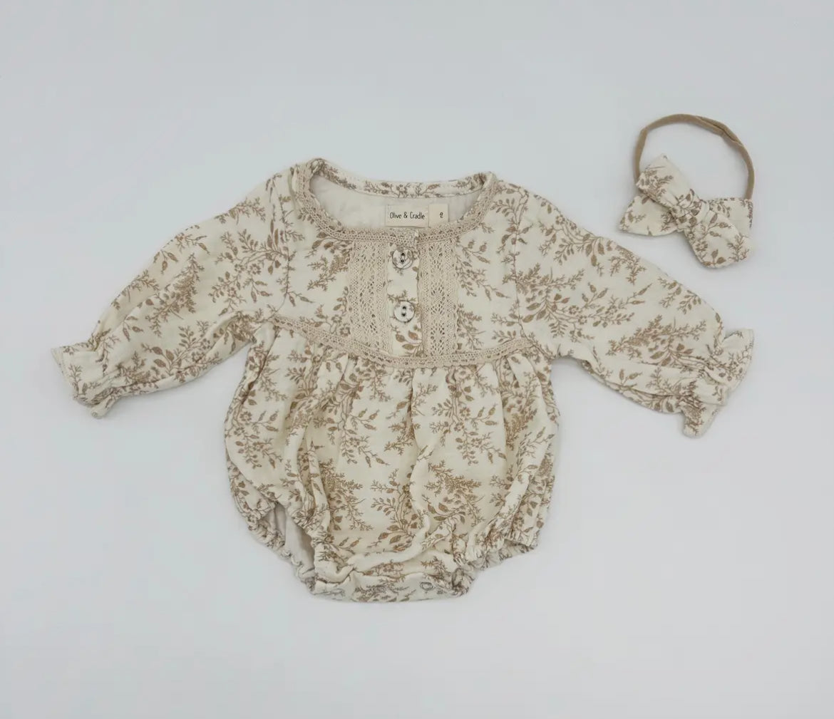 Cream Floral & Lace Romper (headband and sock)