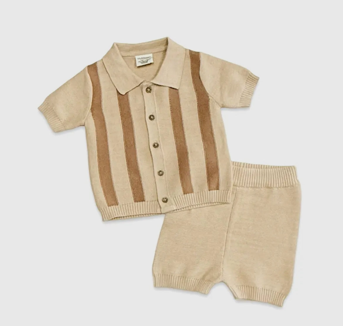 Tennis Collar Cream Stripe Knit Short set