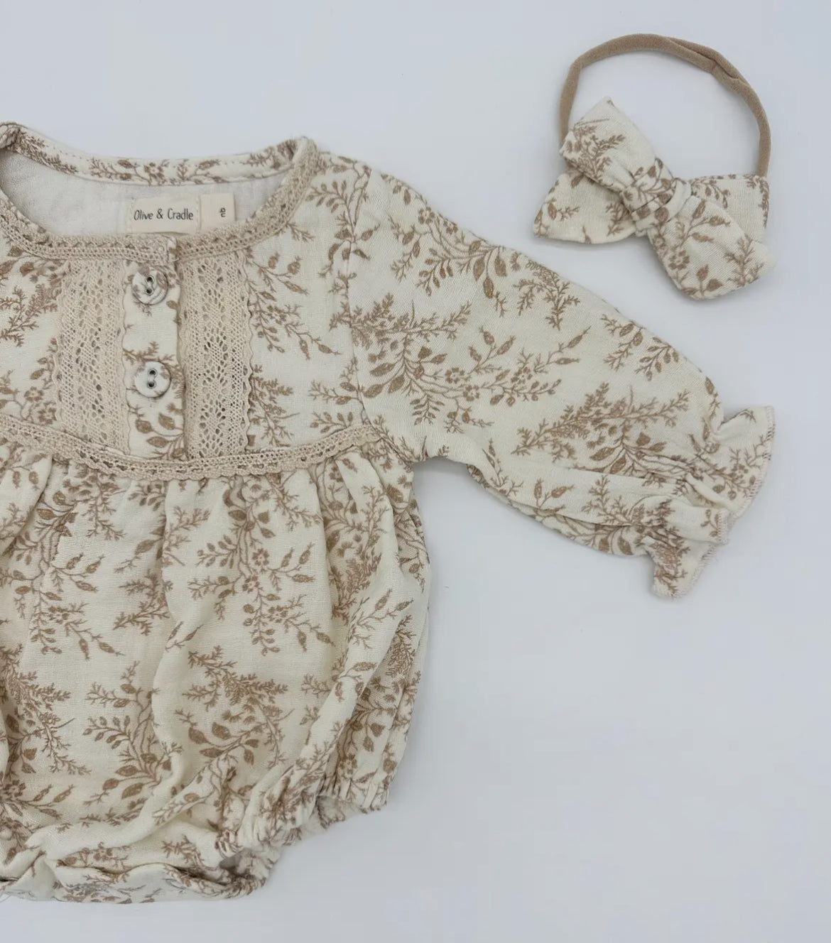 Cream Floral & Lace Romper (headband and sock)