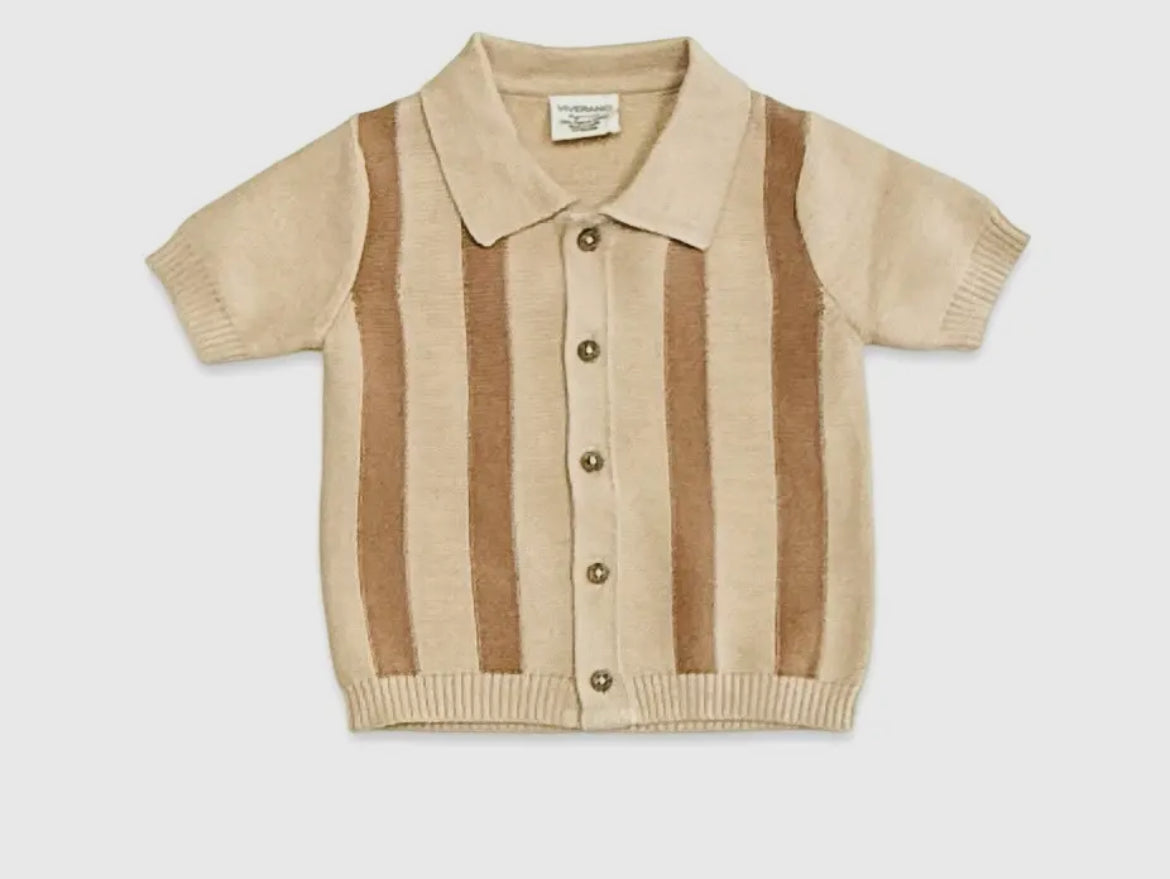 Tennis Collar Cream Stripe Knit Short set