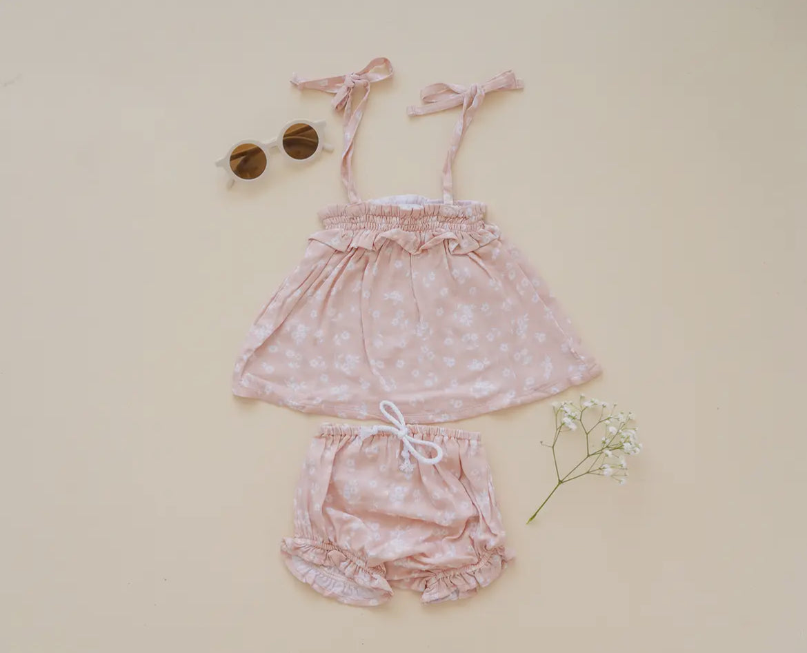 Foral Cream Tan Muslin Tie Dress