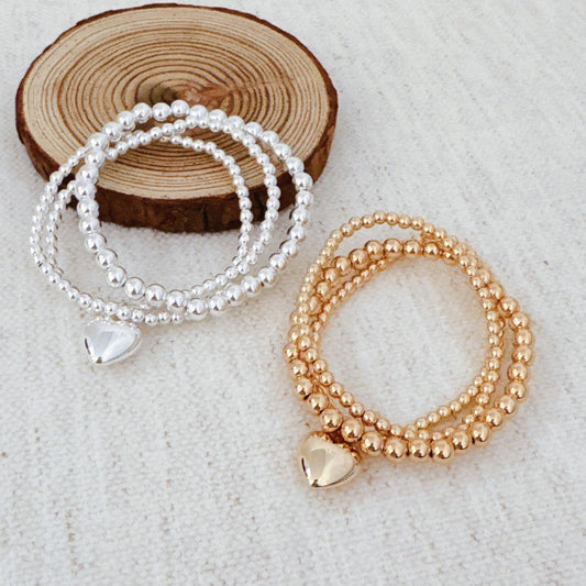 Ball Beads Golden Heart Stretch Bracelet Set Of 3