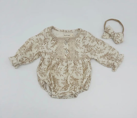 Cream Floral & Lace Romper (headband and sock)