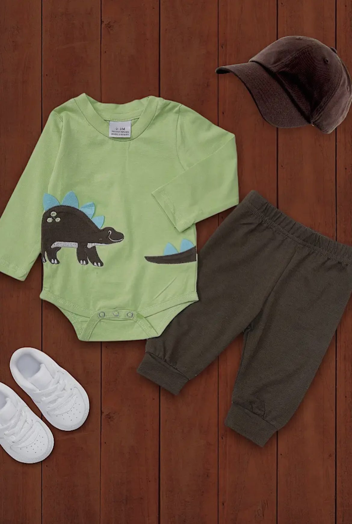 Green Dino Onesie w Brown Pants