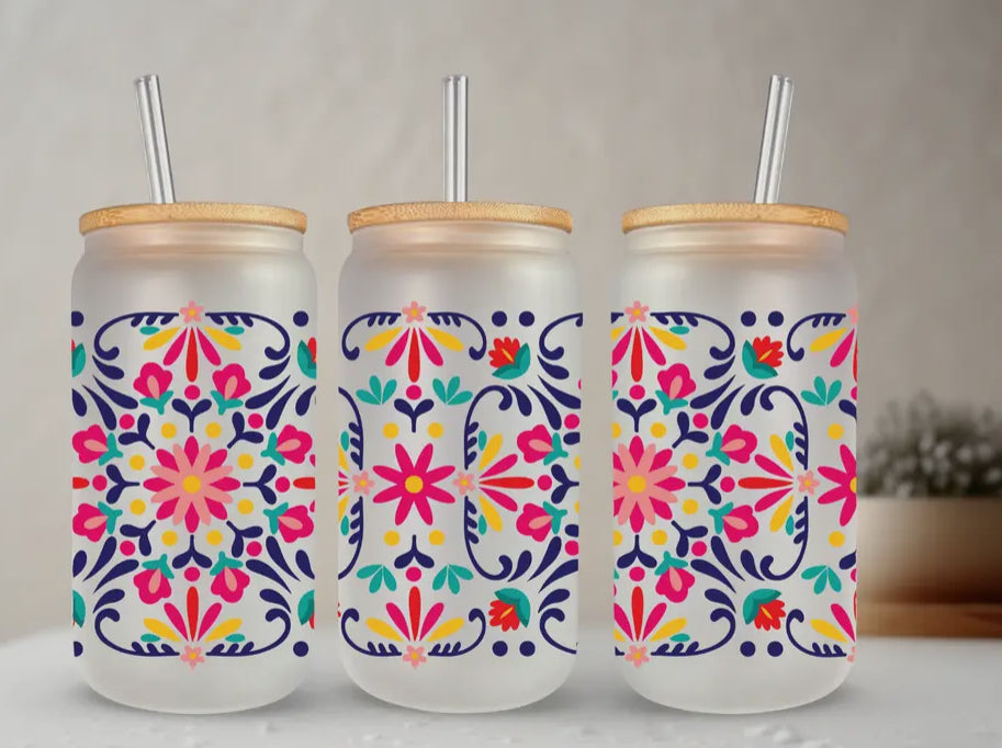 Mexican Floral Glass Tumbler